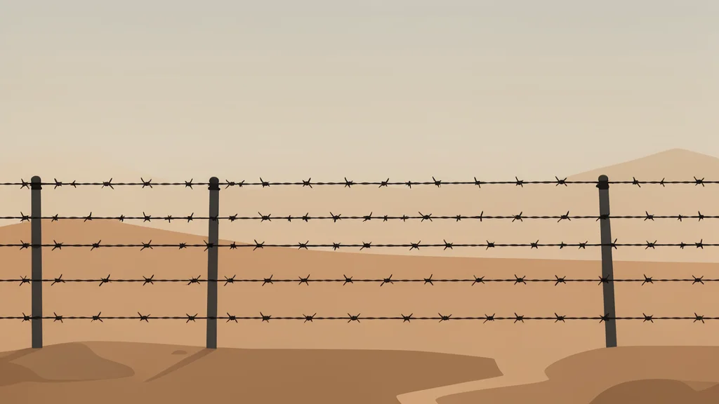 A barbed wire fence stretching across a dry, dusty landscape under a hazy sky