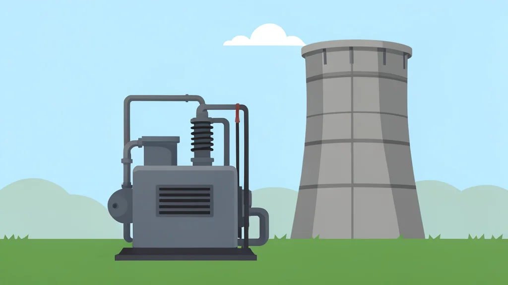 A high-voltage electrical transformer standing in a field next to a large industrial cooling tower