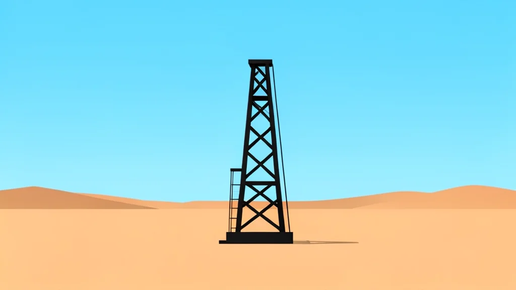 A solitary oil derrick standing in a vast arid desert landscape under a clear sky