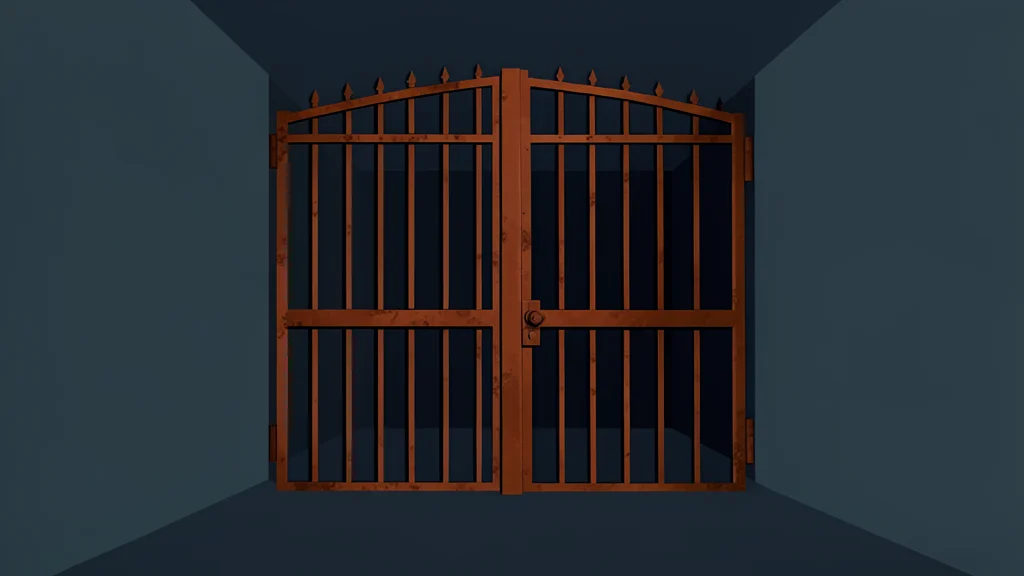 A heavy, rusted iron gate standing in a dimly lit corridor