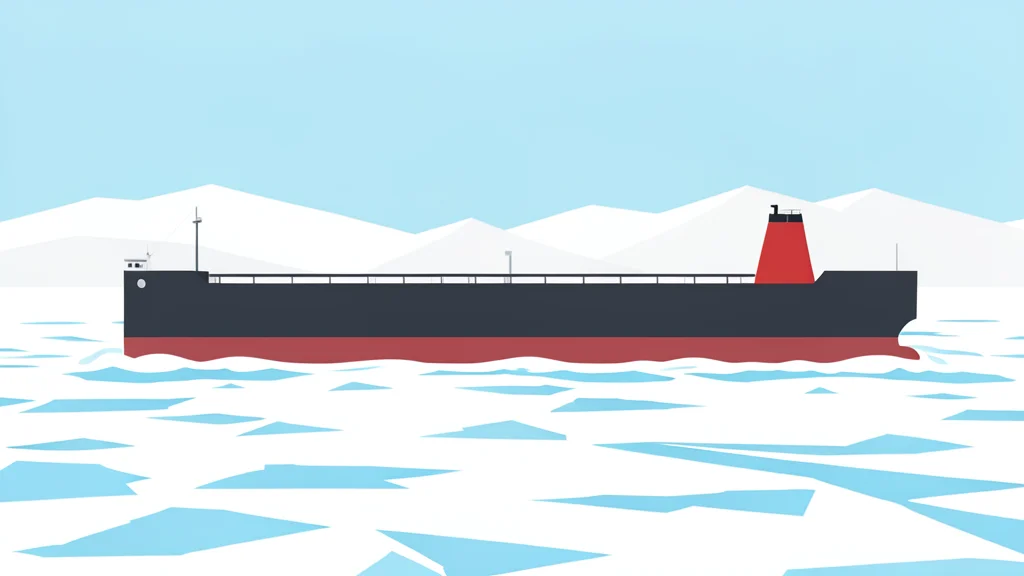 An ice-class tanker ship navigating through a frozen, white Arctic sea landscape