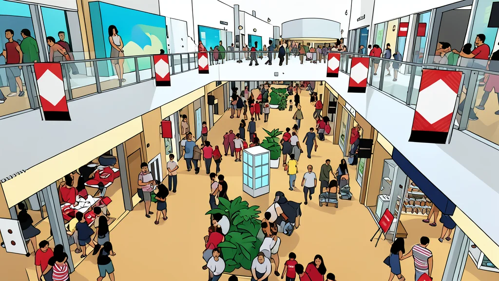 A modern shopping mall interior with empty walkways and glass storefronts