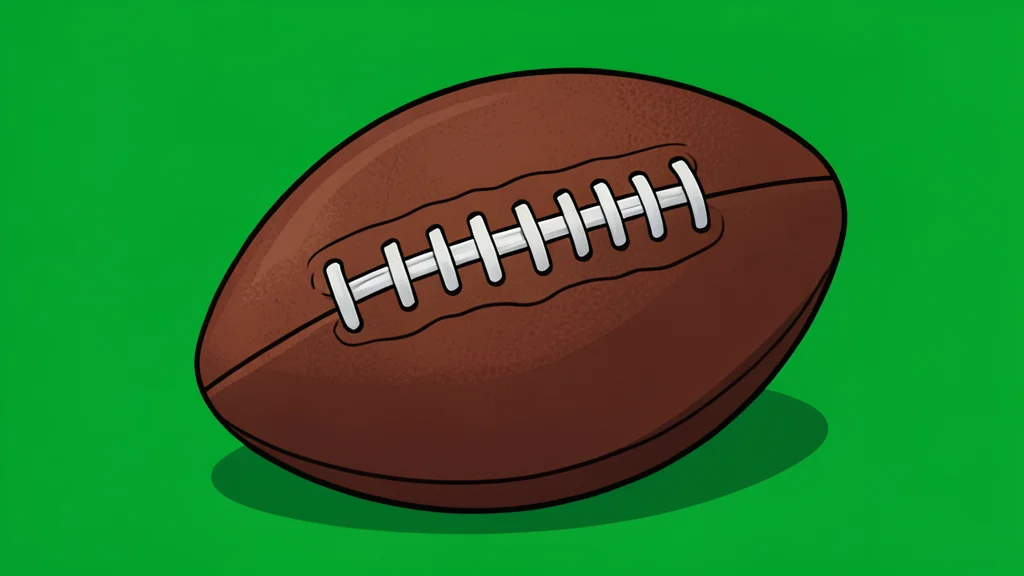 A worn leather football resting on green artificial turf