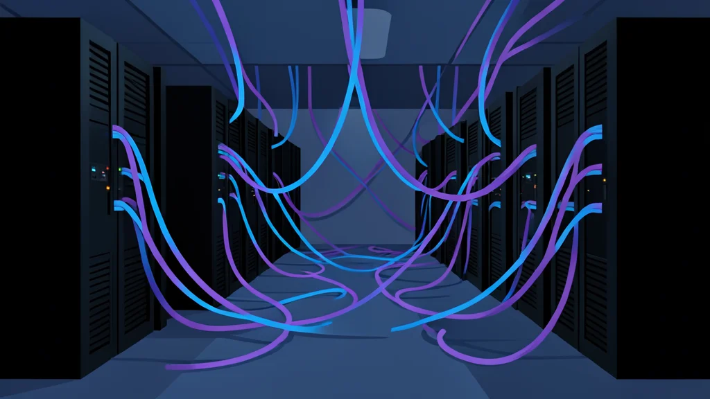 A complex network of fiber optic cables and server racks in a dimly lit room