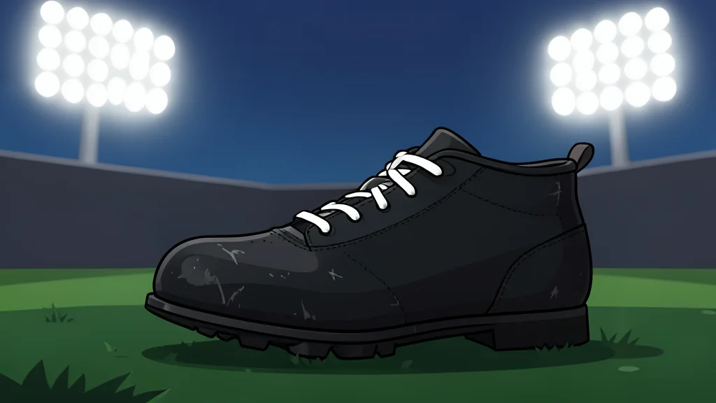 A football resting on the grass of a stadium pitch under floodlights
