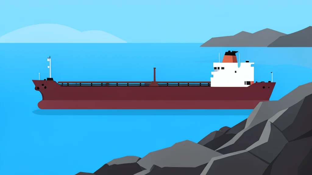 A large oil tanker ship floating on calm blue water near a rocky coastline.