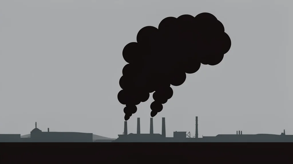 A cluster of dark smoke rising from a distant industrial landscape under a grey sky.