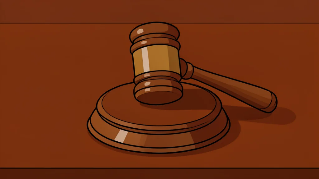 A heavy wooden gavel resting on a polished mahogany desk