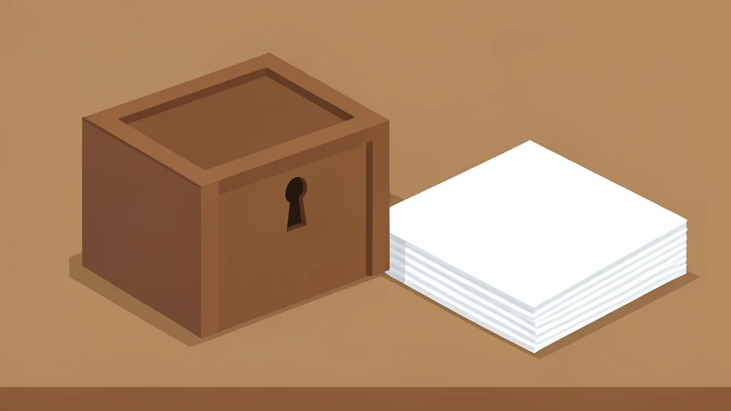 A closed wooden box with a small keyhole sitting on a desk next to a plain stack of paper.