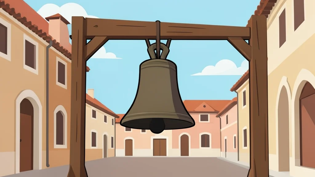 A church bell hanging from a wooden frame in a historic plaza