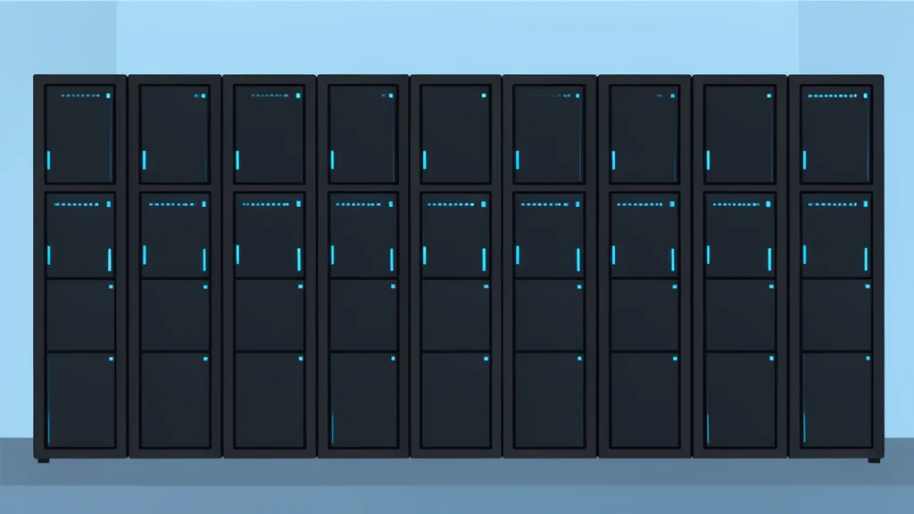 A modern server room with rows of black racks and glowing blue status lights