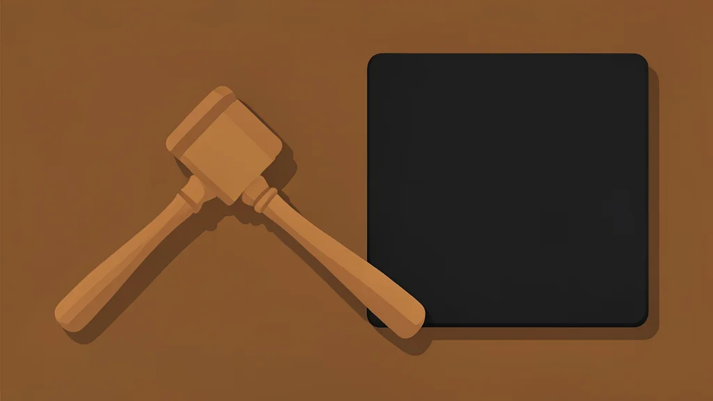 A wooden gavel resting on a desk next to a closed black laptop.