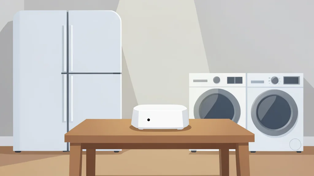 A minimalist white hub device on a wooden table connecting various household appliances in a modern living room.