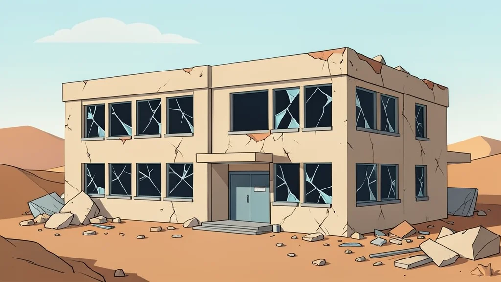 A damaged medical clinic building with broken windows and scattered debris in a dusty, arid landscape