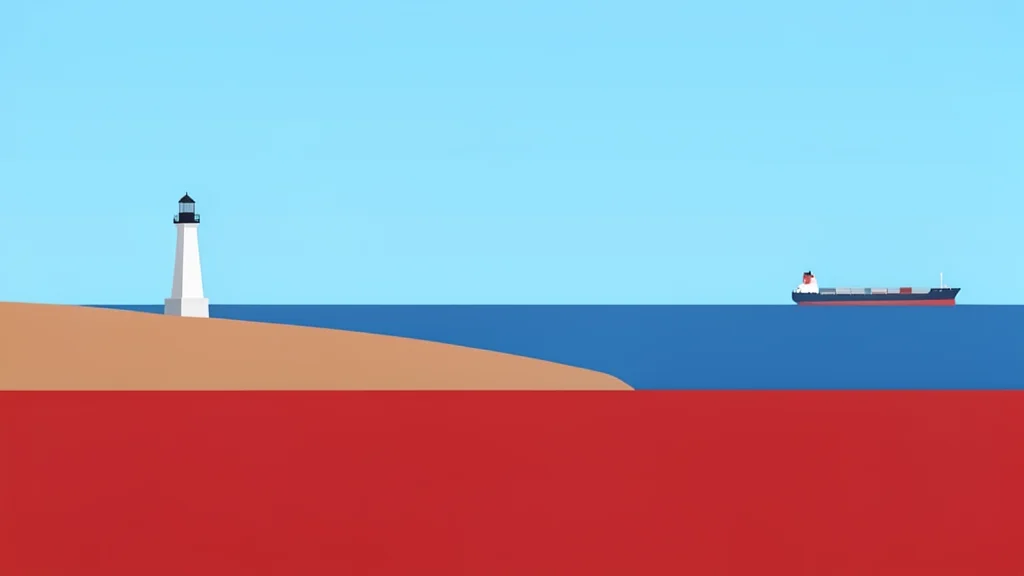 A calm stretch of the Red Sea coastline with a distant lighthouse and a cargo ship on the horizon.