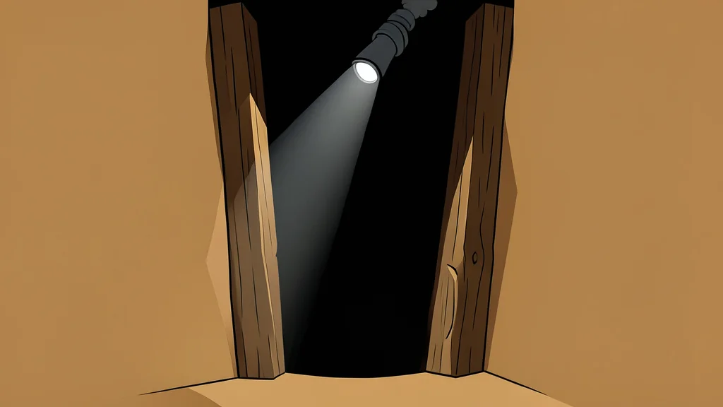 A dark, narrow shaft in sandy earth with rough wooden supports and a single headlamp beam cutting through the dust