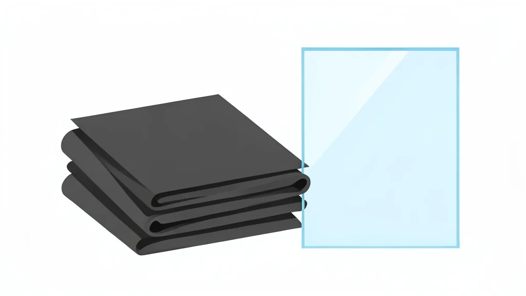 A stack of rolled roofing membranes and a sheet of architectural glass