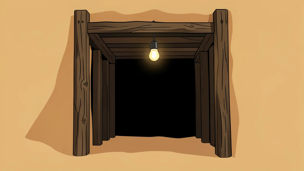 A dark, narrow tunnel entrance in sandy earth with rough wooden supports and a single hanging light bulb