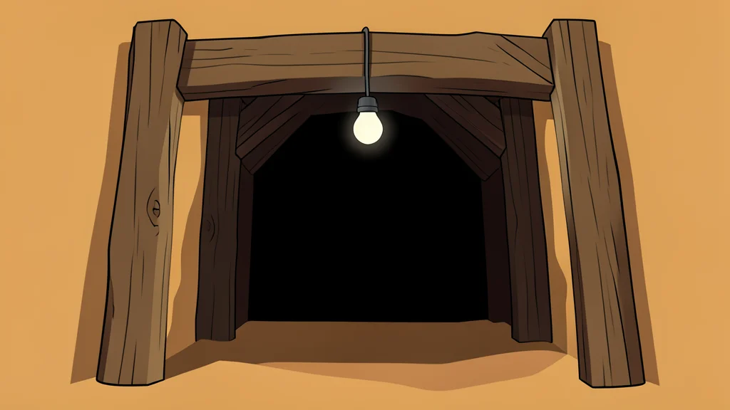 A dark, narrow tunnel entrance in sandy earth with rough wooden supports and a single hanging light bulb