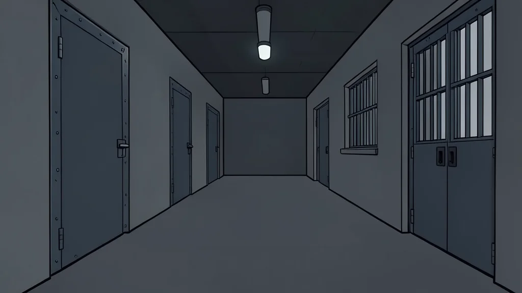 A dimly lit concrete corridor with heavy metal doors and barred windows