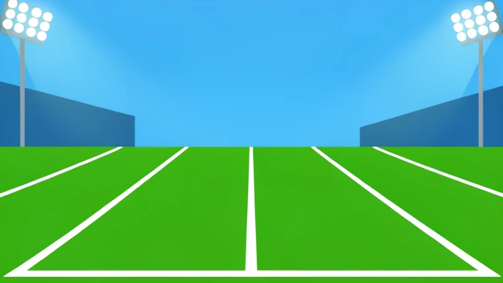 A green football field with white yard lines stretching into the distance under stadium lights