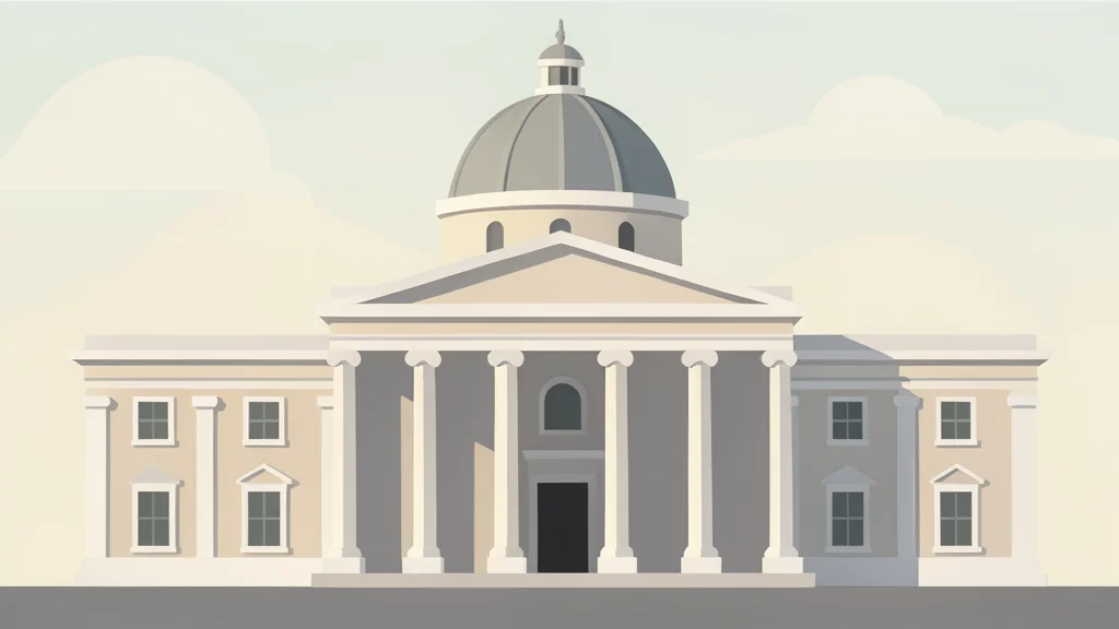 A large, ornate neoclassical building with tall columns and a dome, bathed in soft morning light.