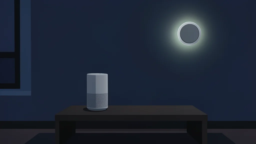 A modern living room with a sleek, minimalist smart speaker and a wall-mounted thermostat glowing softly in the dim light.