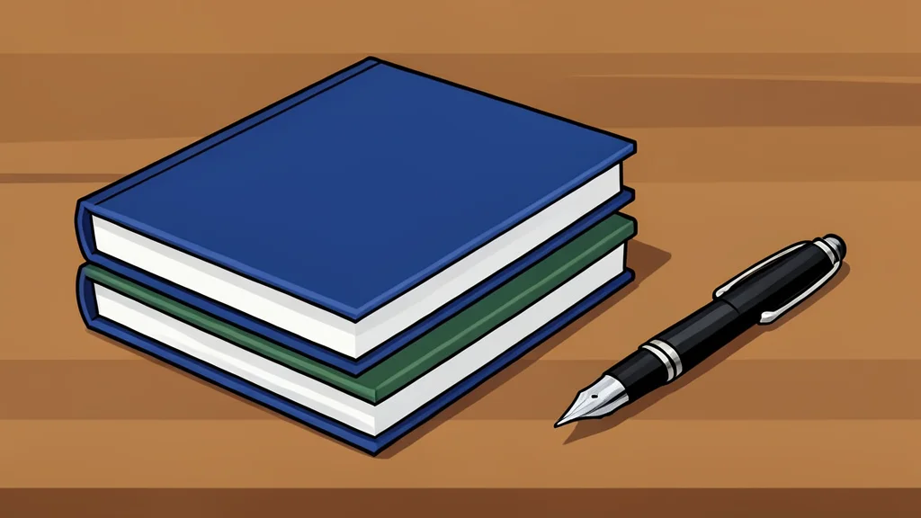A stack of hardcover academic books on a wooden desk next to a fountain pen