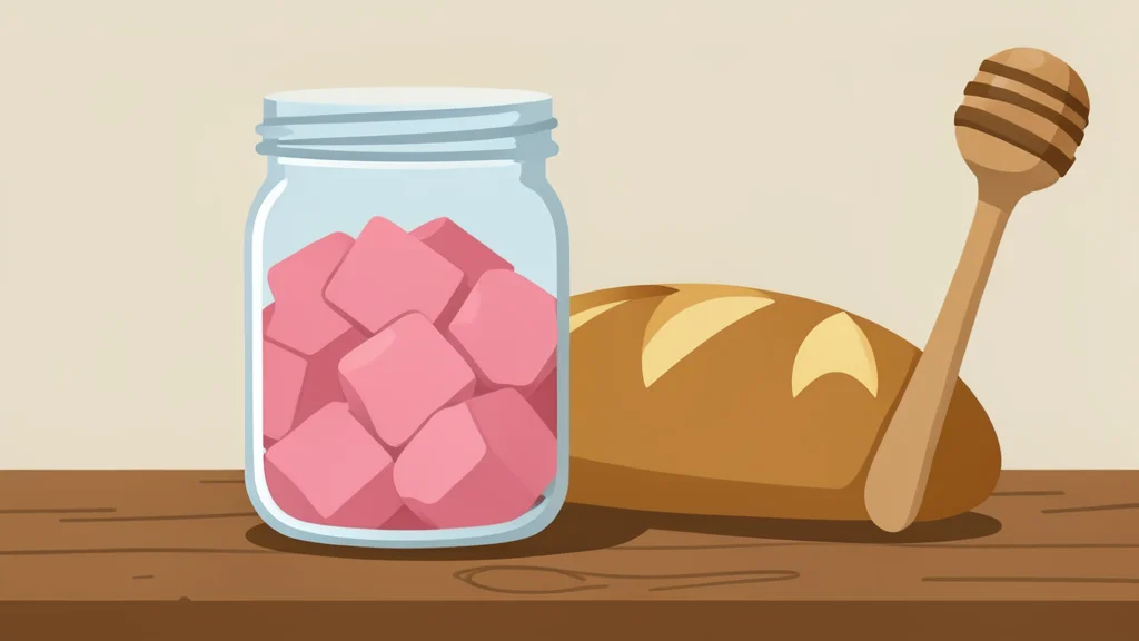 A glass jar of canned meat on a wooden table next to a honey dipper and artisan bread
