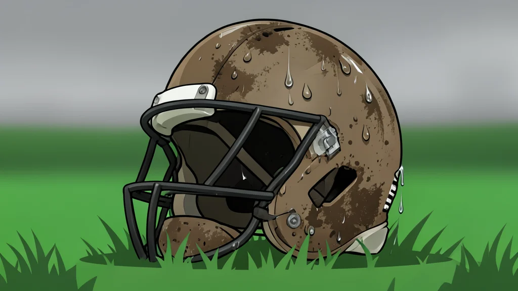 A green football helmet resting on a grassy field