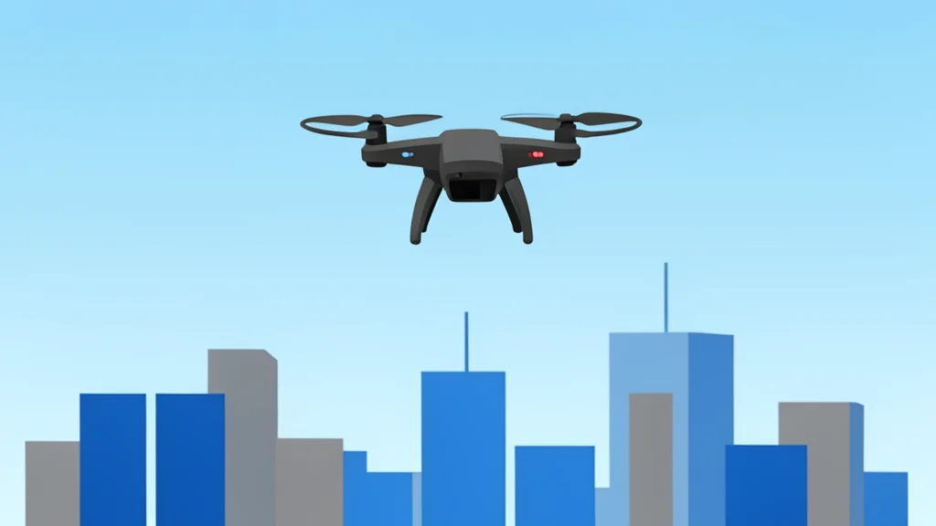 A small drone hovering over a modern city skyline