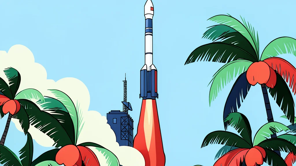 A tall steel launch tower standing on a flat coastal landscape with palm trees in the background