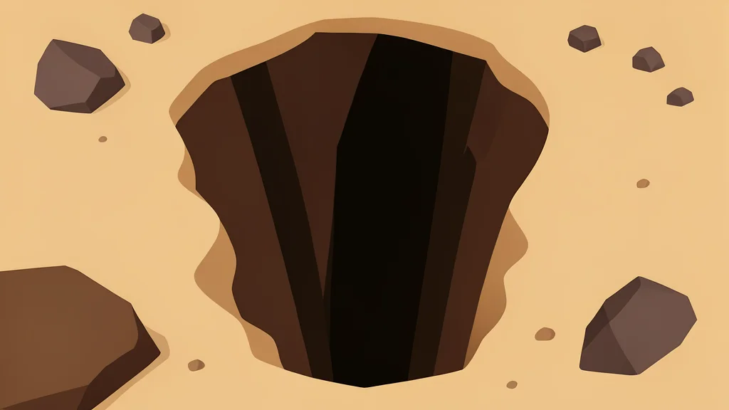 A dark, narrow shaft descending into the earth surrounded by loose sandy soil and scattered rocks