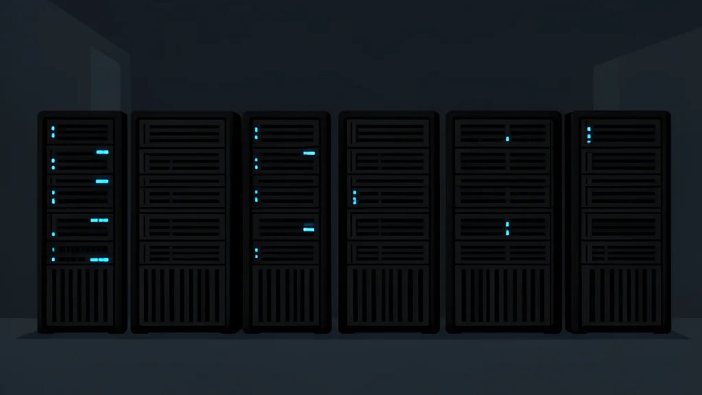 A row of black server towers with glowing blue status lights in a dark room