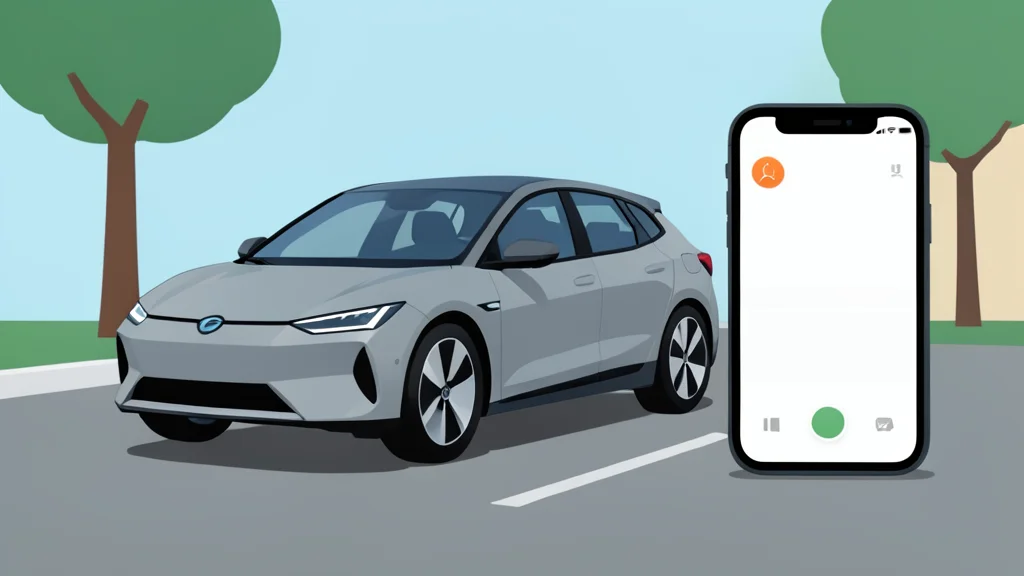 A sleek modern electric vehicle parked on a quiet street next to a smartphone displaying a generic interface