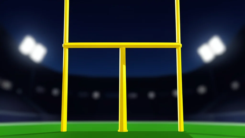 A large, empty stadium bowl with green turf and white yard lines under bright floodlights