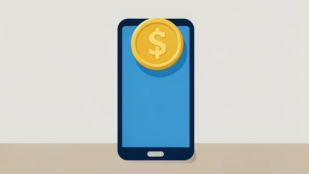 A stylized digital coin floating above a smartphone silhouette representing a financial transaction.
