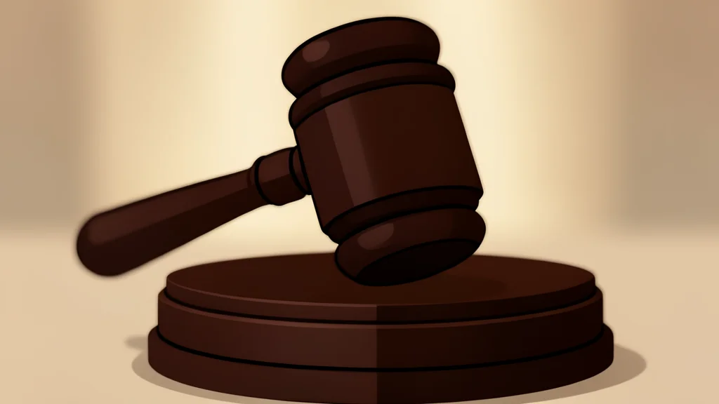 A wooden gavel resting on a polished mahogany desk
