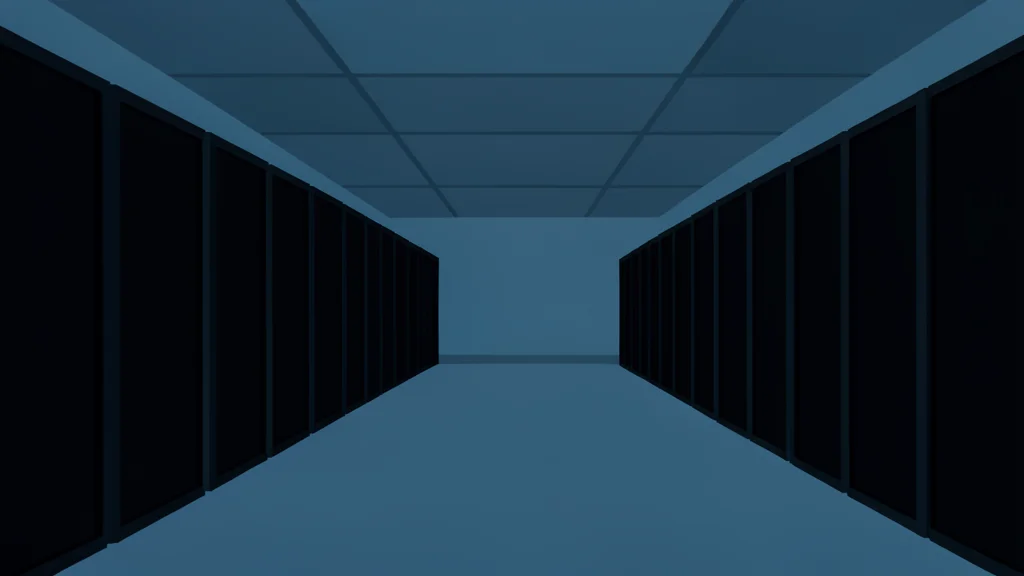 A vast, dimly lit server room filled with rows of tall, black rectangular server racks standing in parallel lines.