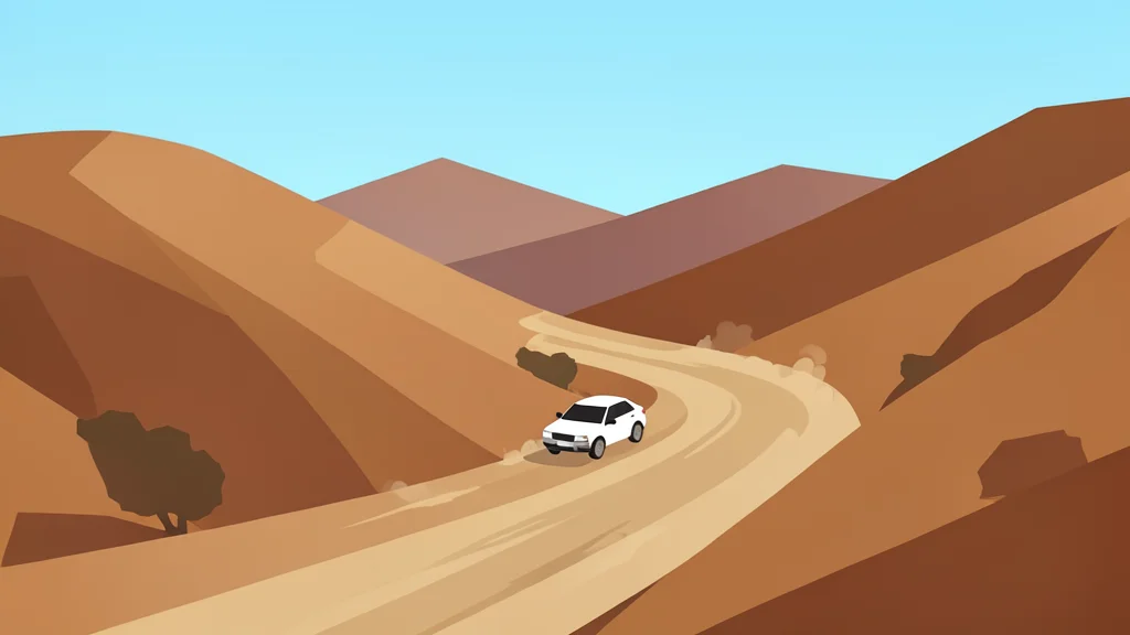 A dusty, unpaved mountain road winding through arid hills with a single white car driving slowly along the curve.