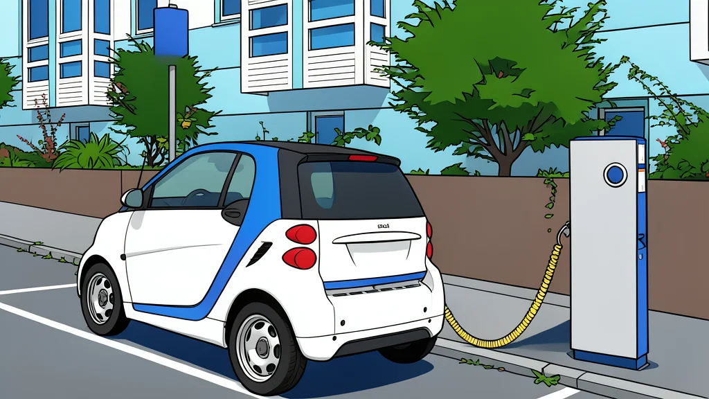 A modern electric vehicle charging station with a cable plugged into a car port, set against a backdrop of a city street.