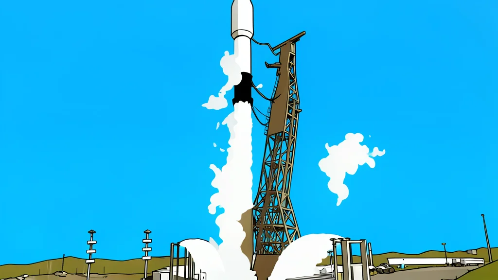 A white rocket standing vertically on a concrete launch pad at night