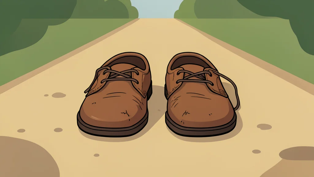A pair of small, worn leather shoes resting on a dusty, unpaved path.