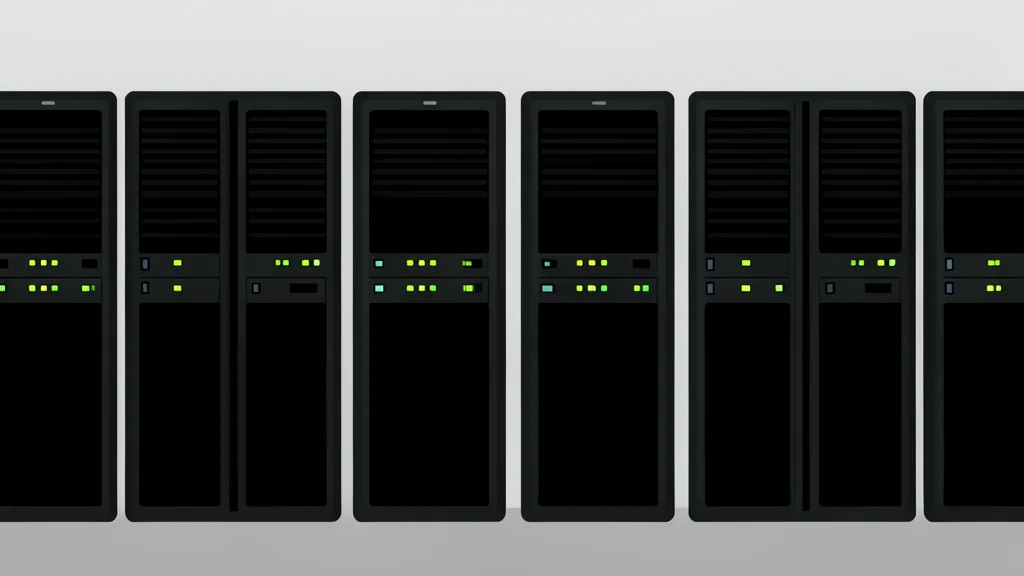 A server room with rows of black computer towers and blinking status lights