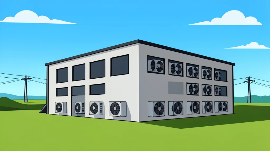 A large, windowless industrial building with rows of cooling fans on the exterior, standing in a rural landscape with power lines stretching into the distance.