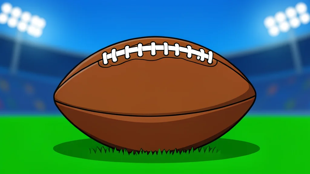 A green football field with white yard lines and a brown leather football resting on the grass