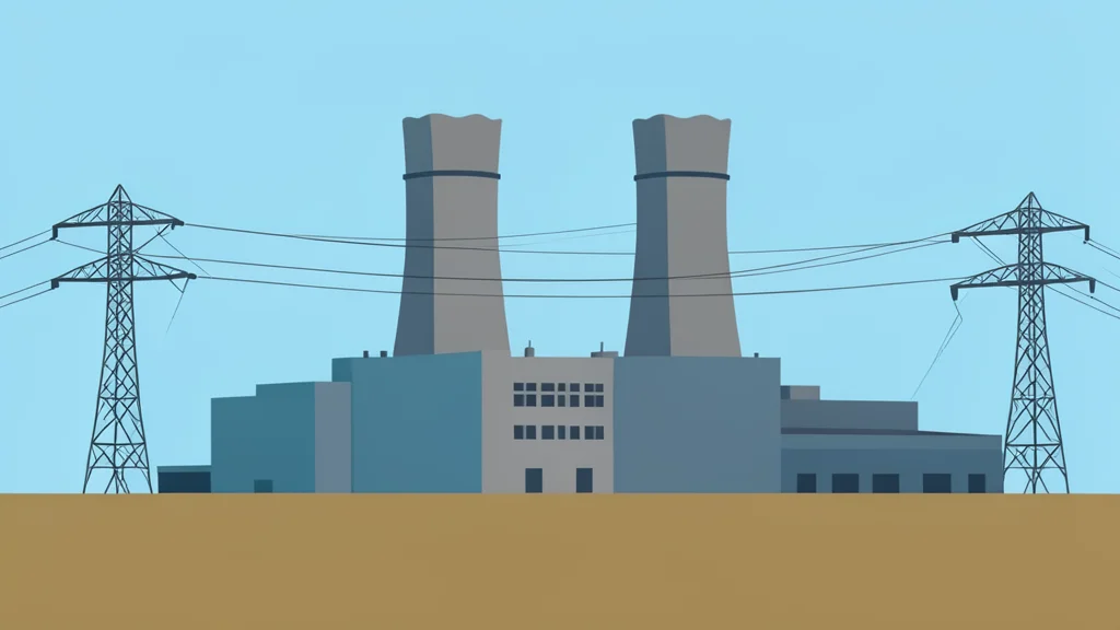 A large industrial building with cooling towers and high-voltage power lines stretching across a flat prairie landscape