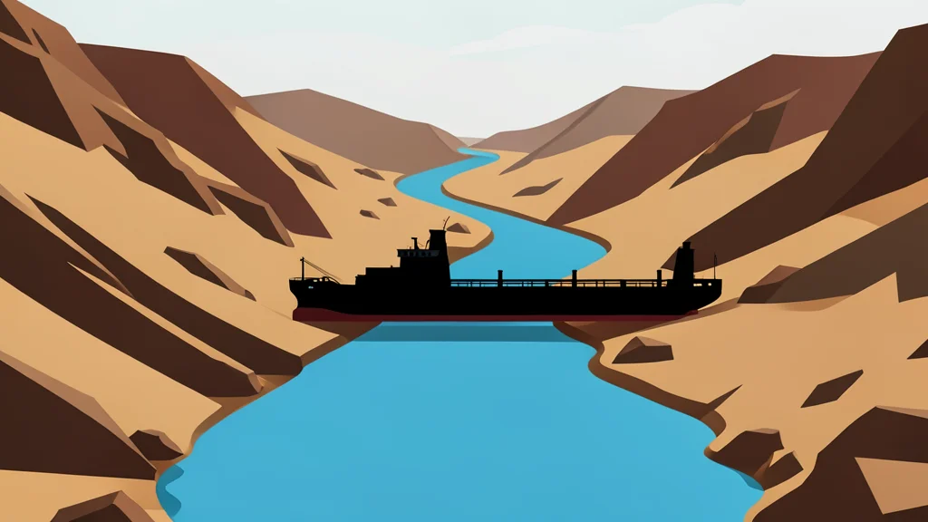 A narrow, winding waterway cutting through rocky desert terrain, with a silhouette of a large oil tanker ship navigating the channel