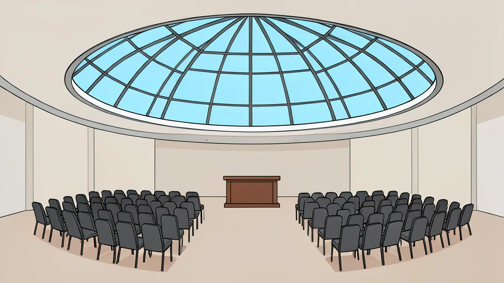 A large, circular assembly hall with rows of empty chairs facing a central podium and a large glass dome ceiling.
