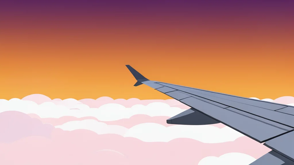 A view from an airplane window showing a wing above clouds at sunset.